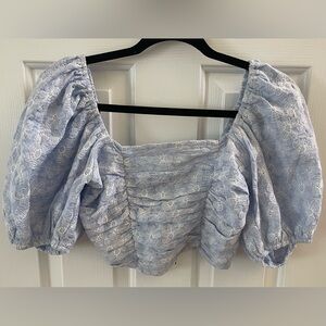 BNWT Miou Muse Blue Embroidered Puffy Sleeved Crop Top Size S